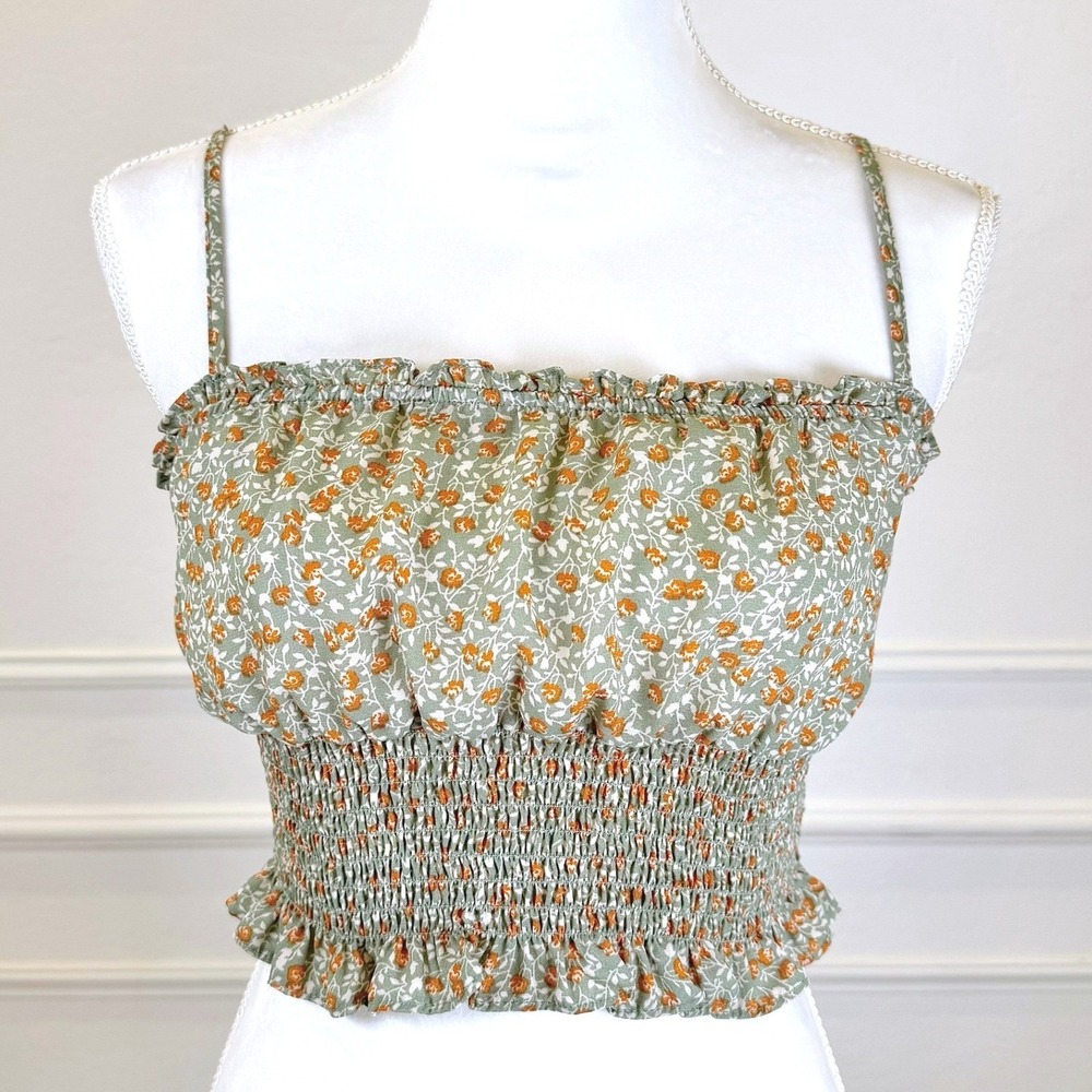 Sage Green Floral Smocked Feminine Cottagecore Y2K Boho Crop Top Women's Small